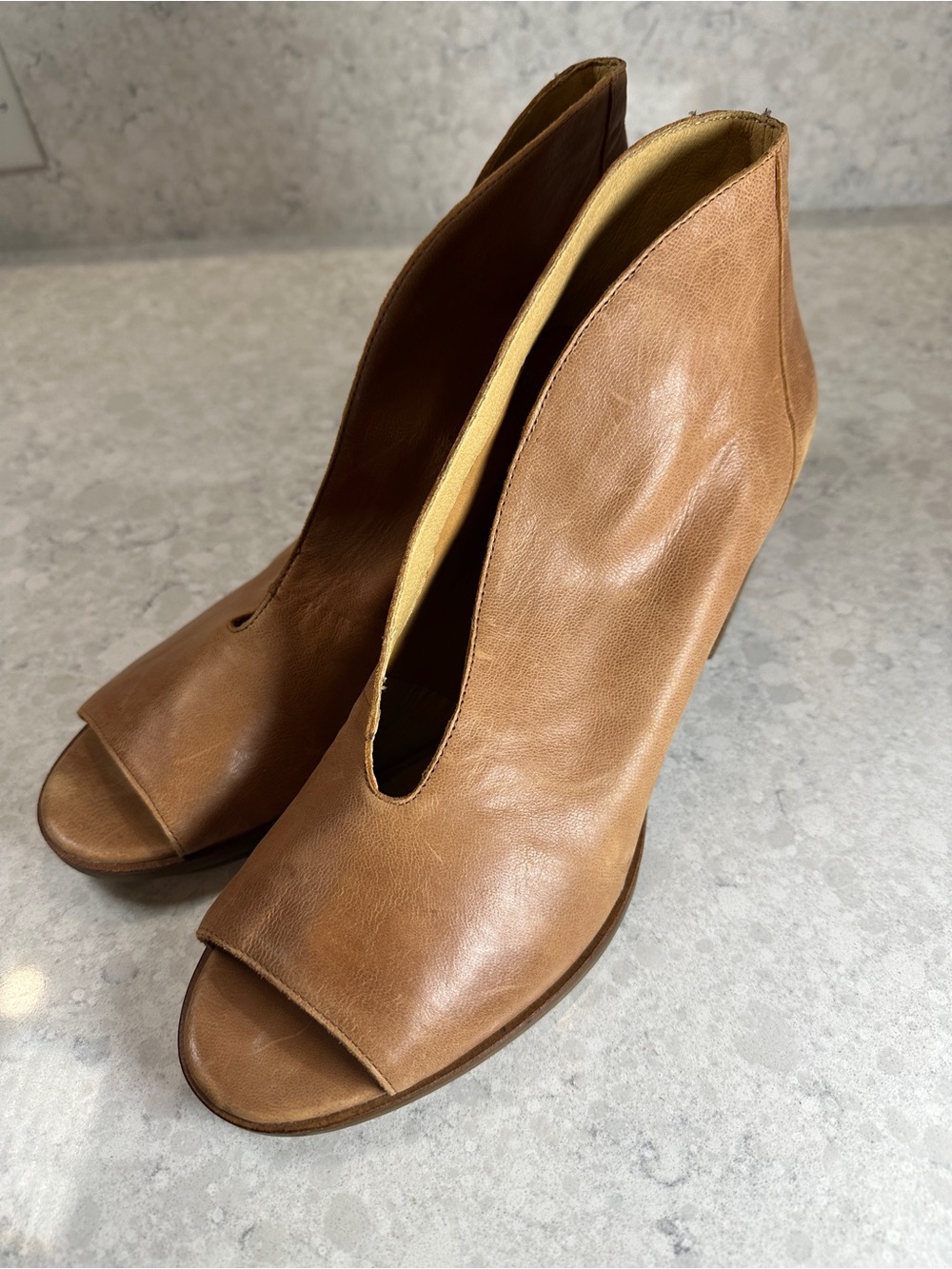Lucky Brand Brown Leather Peep-Toe Mule Booties